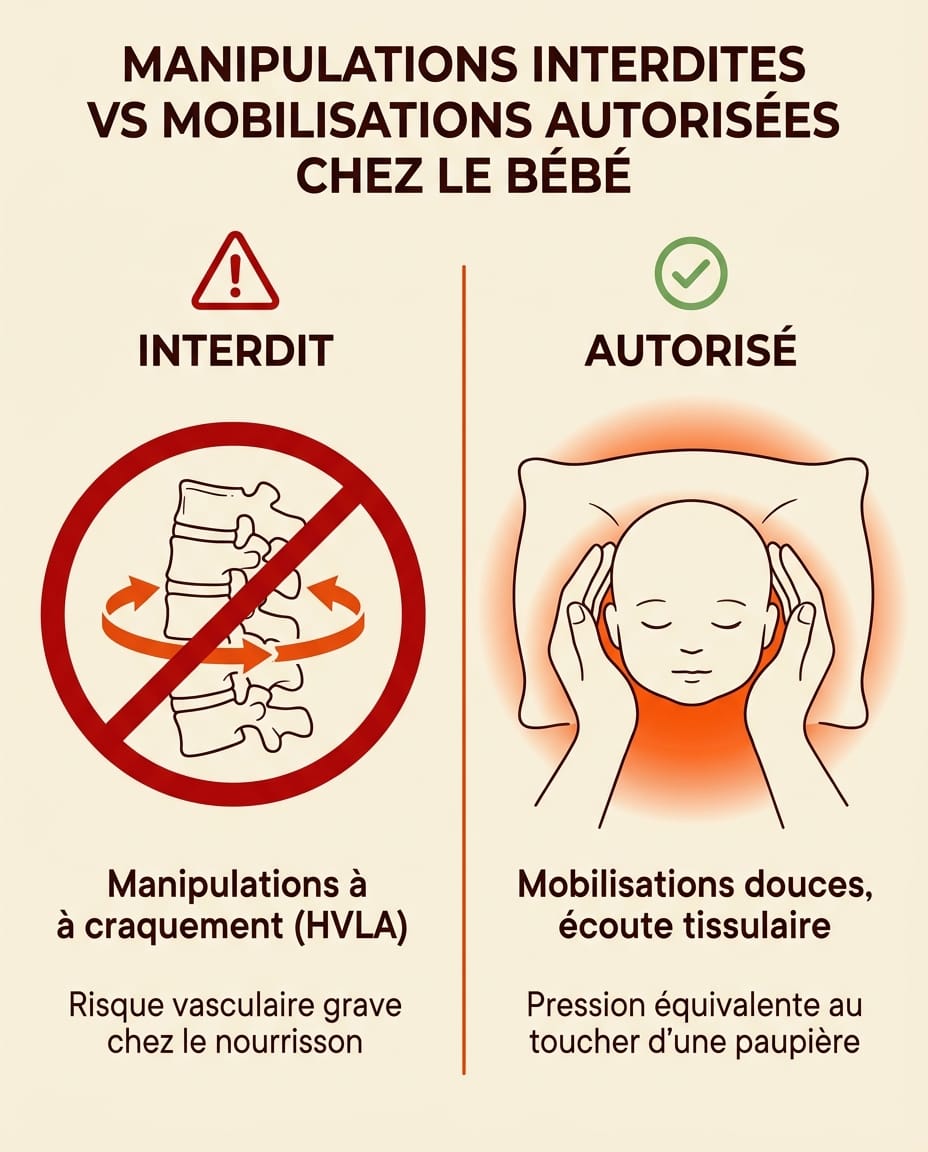 Infographie verticale en français comparant deux approches sur le crâne d'un nourrisson : à gauche en rouge la technique haute vélocité interdite chez le bébé avec mention craquements et un grand symbole d'interdiction, à droite en vert la mobilisation douce autorisée avec mention pression infime équivalente à un toucher de paupière, illustration schématique d'une main de praticien posée délicatement, fond crème