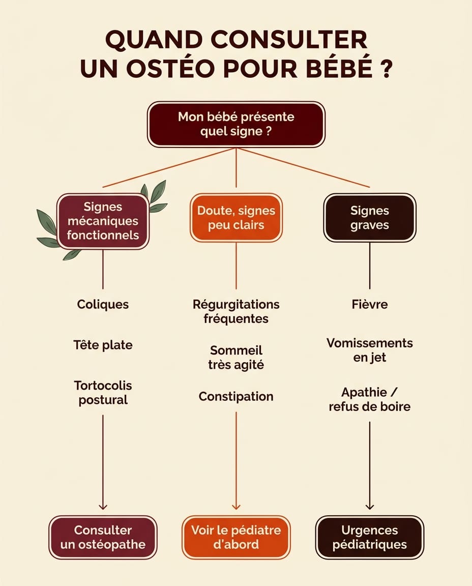 Infographie verticale en français présentant un arbre décisionnel pour aider les parents à décider quand consulter un ostéopathe pour leur bébé, avec un schéma en branches partant de la question Mon bébé présente quel signe et débouchant sur trois branches colorées : voie verte signes mécaniques fonctionnels consulter ostéopathe, voie orange doute consulter d'abord pédiatre puis ostéopathe, voie rouge signes graves urgences pédiatriques, icônes simples bordeaux sur fond crème