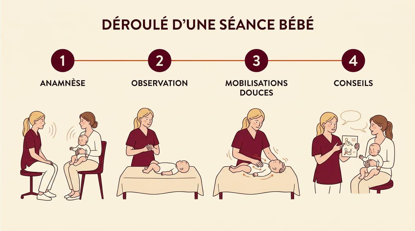 Infographie horizontale en français présentant le déroulé en 4 étapes d'une séance d'ostéopathie pour nourrisson : étape 1 anamnèse 10 minutes avec icône de discussion entre parent et praticienne, étape 2 observation 5 minutes avec icône bébé sur tapis, étape 3 examen ostéopathique 10 à 15 minutes avec icône main posée délicatement sur tête de bébé, étape 4 conseils 5 minutes avec icône carnet de notes, durée totale 35 minutes en bas, fond crème palette bordeaux orange