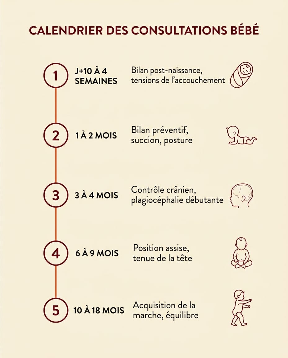 Infographie verticale en français présentant le calendrier des consultations ostéopathiques recommandées chez le bébé de 0 à 18 mois, avec une frise temporelle montrant 5 étapes clés : J+10 bilan post-naissance, 1 à 2 mois bilan préventif, 4 à 6 mois diversification, 6 à 9 mois position assise, 10 à 18 mois acquisition de la marche, icônes simples et chiffres bordeaux sur fond crème