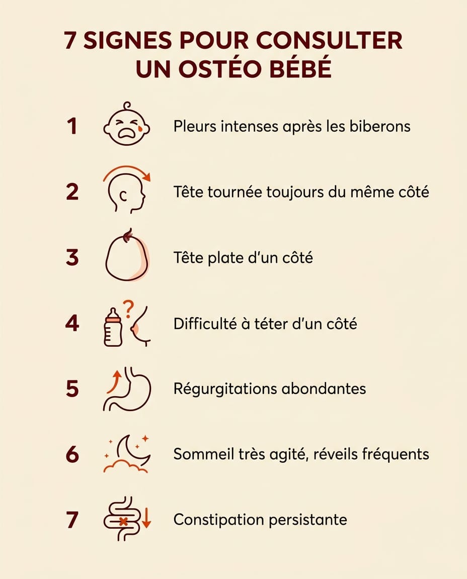 Infographie verticale en français présentant les 7 signes principaux qui justifient de consulter un ostéopathe pour son bébé, organisés en checklist visuelle avec icônes : pleurs intenses post-tétée, tête tournée d'un côté, tête plate, succion difficile, régurgitations, sommeil agité, constipation, et un encadré rouge listant les signes d'urgence pédiatrique avec icône stop, sur fond crème
