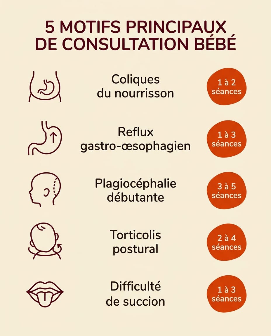 Infographie verticale en français présentant les 5 indications principales pour amener bébé chez l'ostéopathe : coliques du nourrisson, reflux RGO, plagiocéphalie tête plate, torticolis postural, difficultés de succion, chaque indication illustrée par une icône simple bordeaux et accompagnée d'une mention courte du nombre de séances habituel, fond crème