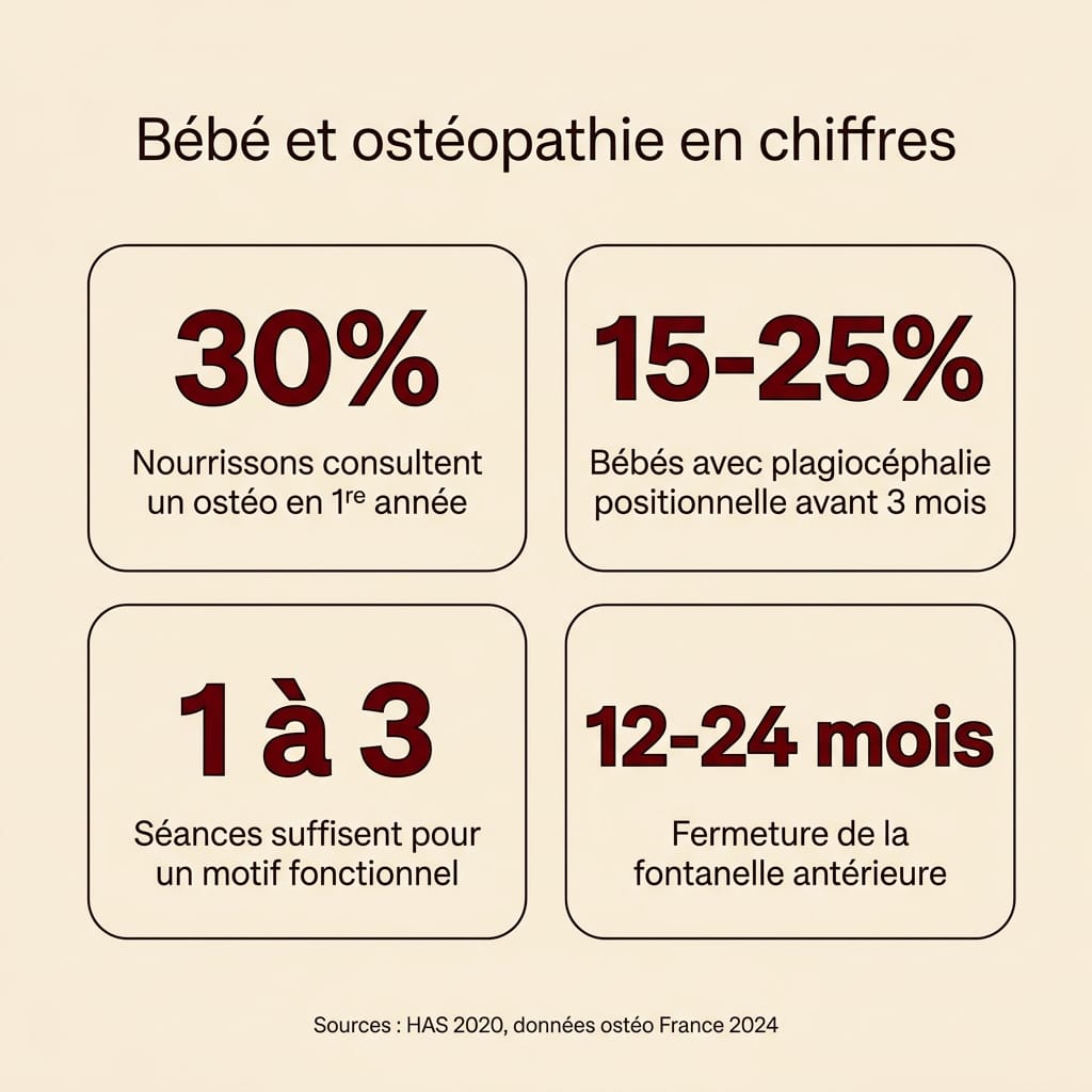 Infographie carrée présentant 4 chiffres-clés sur l'ostéopathie chez le nourrisson en 2026 : 30 pour cent des nourrissons consultent un ostéopathe au cours de la première année selon les données ostéo France 2024, 15 à 25 pour cent des bébés présentent une plagiocéphalie positionnelle dans les trois premiers mois selon HAS 2020, 1 à 3 séances suffisent dans la majorité des motifs fonctionnels, 12 à 24 mois pour la fermeture de la fontanelle antérieure, disposition en grille 2x2 sur fond crème avec grands chiffres bordeaux et libellés sources