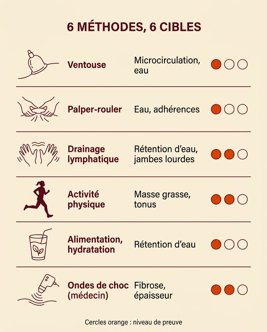 Infographie comparative de six méthodes contre la cellulite des cuisses, ventouse, palper-rouler, drainage lymphatique, activité physique, alimentation et médecine esthétique, avec leur cible et leur niveau de preuve, en français