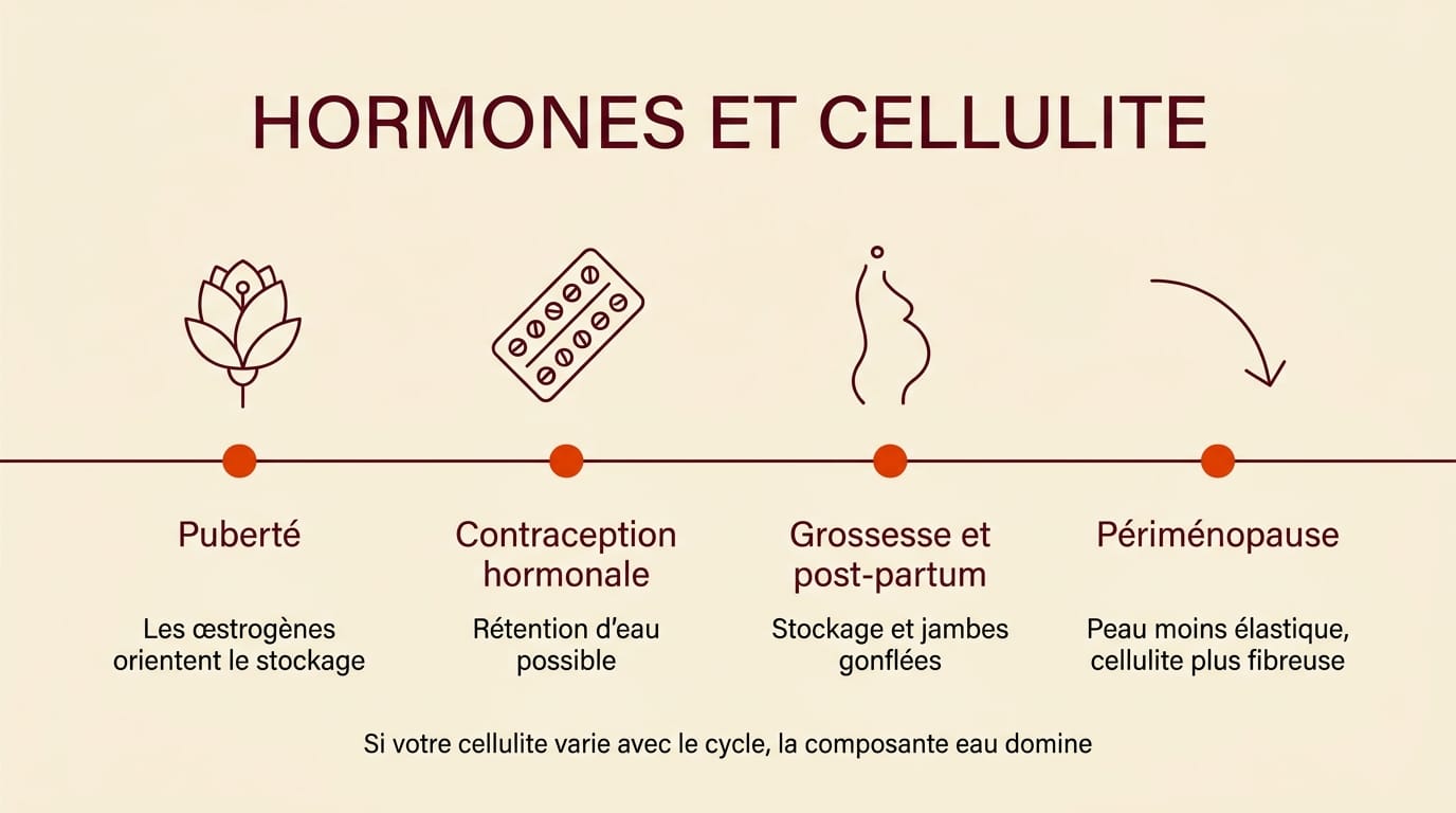 Frise chronologique des quatre moments hormonaux où la cellulite apparaît ou s'accentue chez la femme : puberté, contraception hormonale, grossesse et post-partum, périménopause, en français