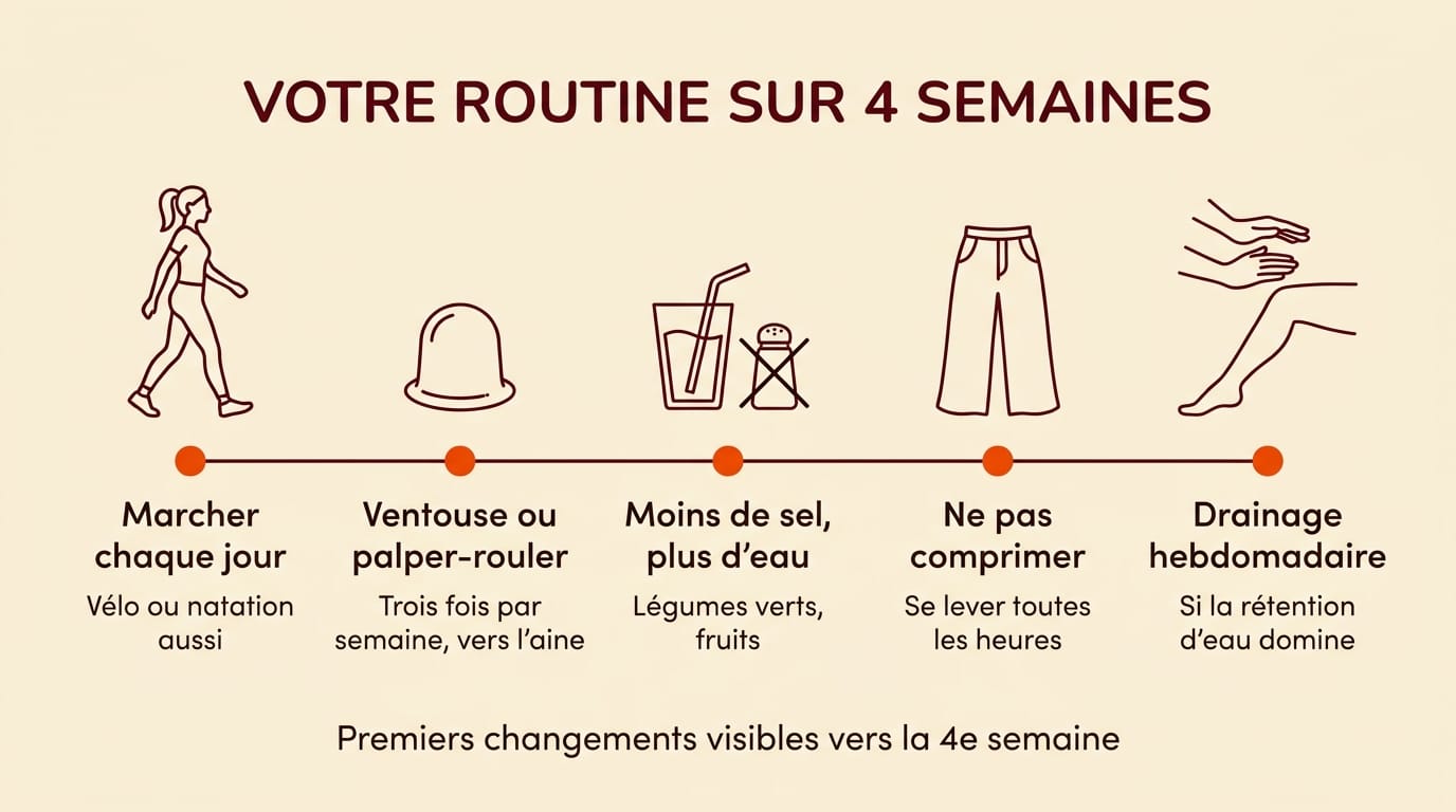 Infographie de la routine sur quatre semaines contre la cellulite des cuisses : marche quotidienne, ventouse ou palper-rouler trois fois par semaine, drainage hebdomadaire, hydratation et moins de sel, en français