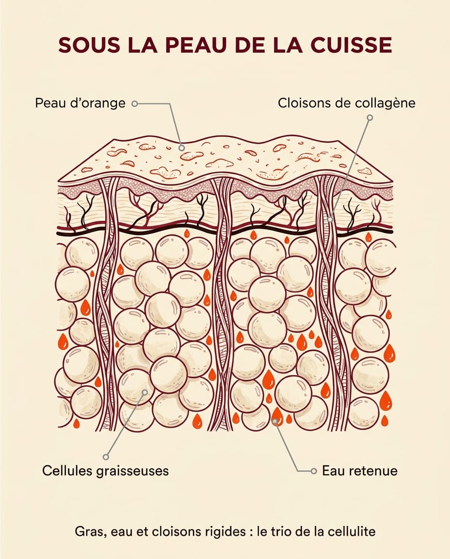 Schéma anatomique en coupe de la peau d'une cuisse montrant l'épiderme, l'hypoderme, les cellules graisseuses gonflées entre des cloisons de collagène verticales qui créent l'aspect bosselé, en illustration éditoriale