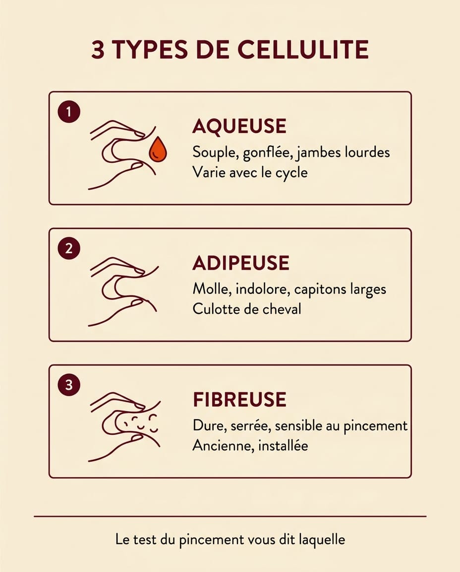 Infographie comparant les trois types de cellulite, aqueuse, adipeuse et fibreuse, avec le résultat du test du pincement pour chacune et les leviers adaptés, en français