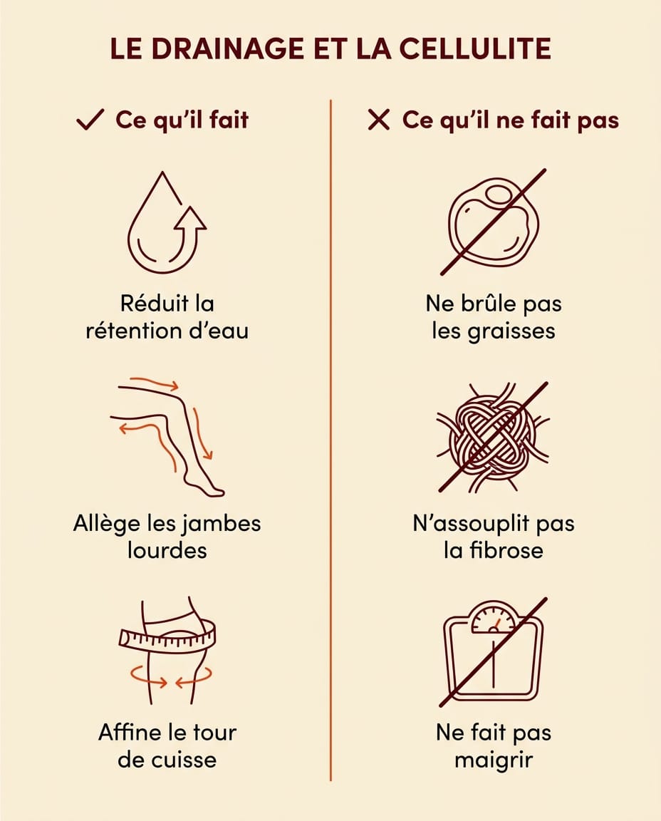 Infographie en deux colonnes montrant ce que le drainage lymphatique fait sur la cellulite, rétention d'eau, jambes lourdes, tour de cuisse, et ce qu'il ne fait pas, gras, fibrose, perte de poids, en français
