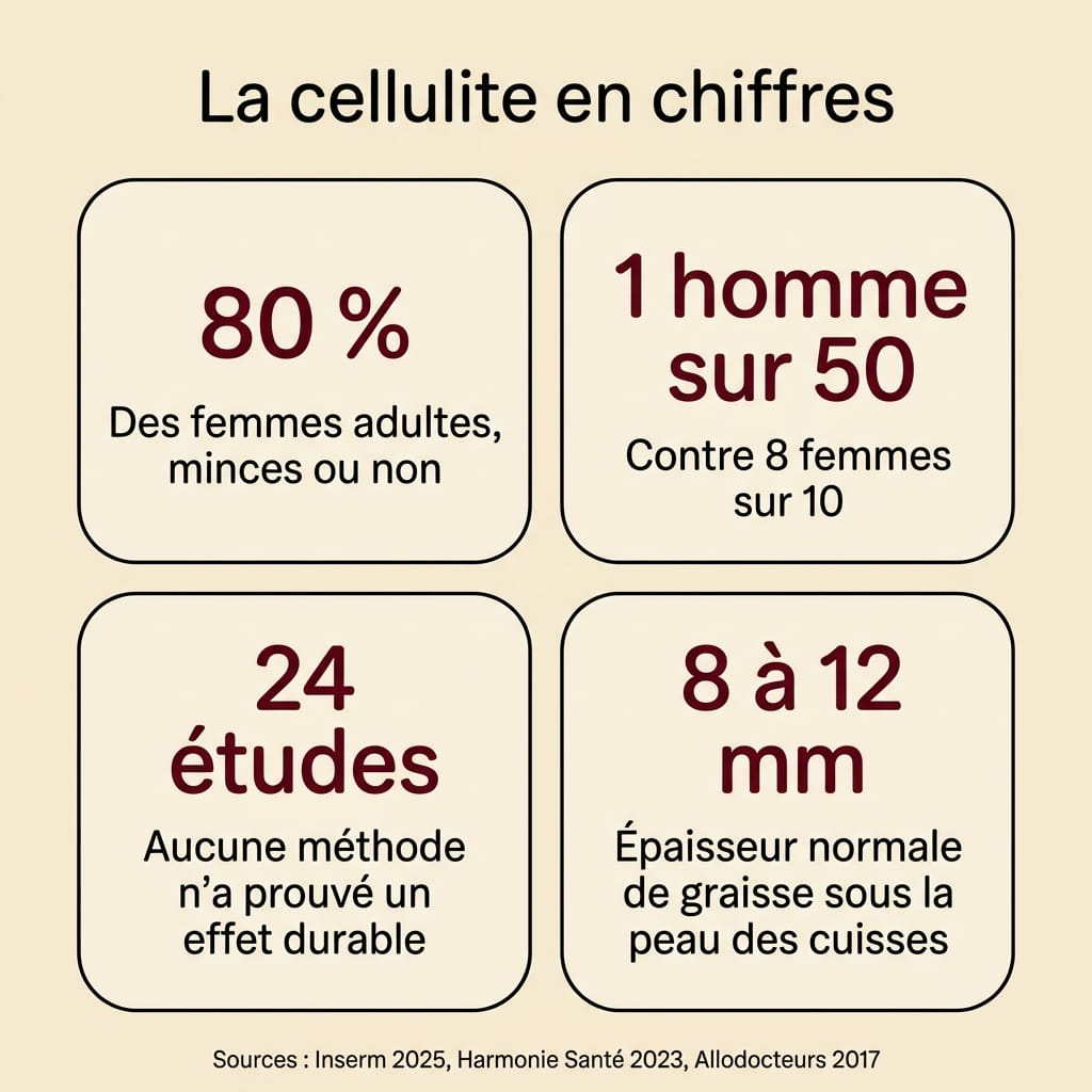 Infographie chiffrée sur la cellulite : 80 % des femmes concernées contre 1 homme sur 50, aucune méthode à l'effet durable prouvé sur 24 études cliniques, épaisseur de graisse sous la peau des cuisses de 8 à 12 millimètres, en français