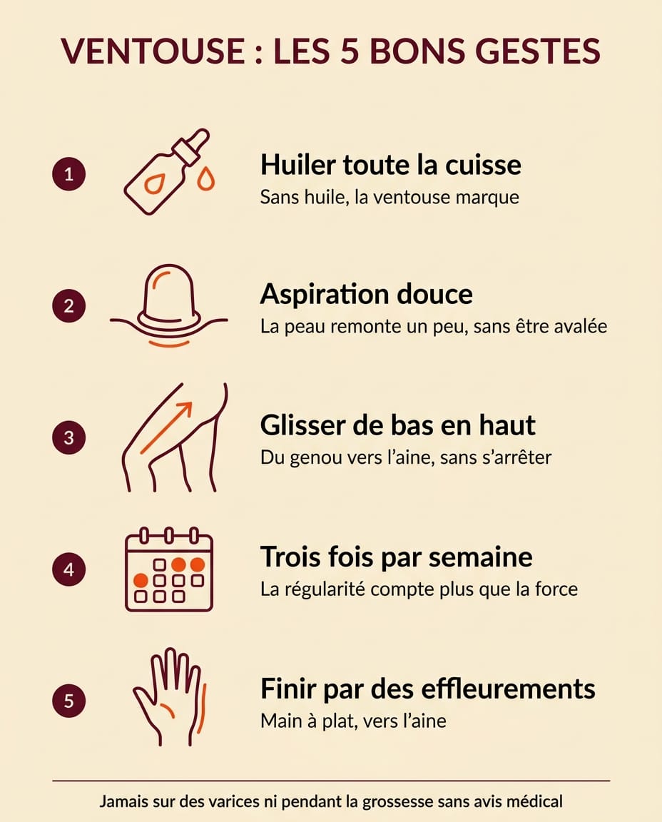 Infographie mode d'emploi de la ventouse anti-cellulite en 5 étapes : huile, aspiration douce, glisser de bas en haut vers l'aine, trois fois par semaine, finir par des effleurements, en français