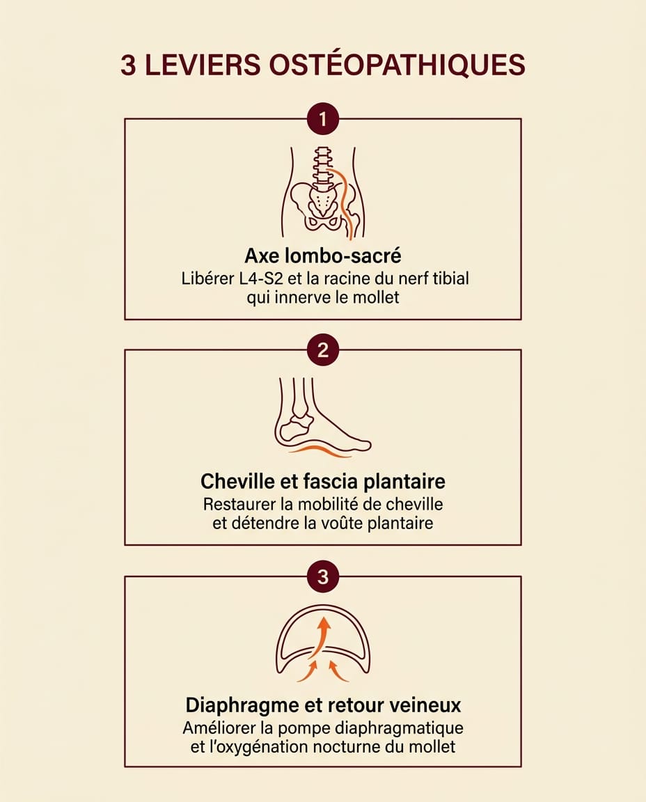 Infographie portrait en français présentant les trois leviers de l'ostéopathie sur les crampes nocturnes du mollet : 1 axe lombo-sacré et nerf sciatique L4-S2, 2 cheville et fascia plantaire, 3 diaphragme et chaînes posturales, avec un picto bordeaux par carte et une description française courte sur fond crème