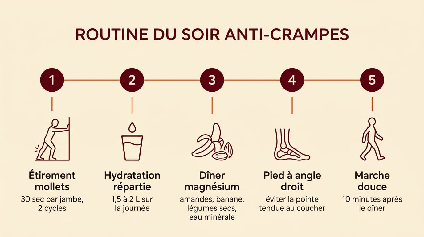 Infographie horizontale en français présentant la routine du soir anti-crampes en 5 étapes : 1 étirement des mollets 30 secondes par jambe, 2 hydratation 1,5 L par jour répartis, 3 dîner riche en magnésium et potassium, 4 position du pied à angle droit pour dormir, 5 marche douce 10 minutes après le dîner, avec un picto bordeaux par étape sur fond crème