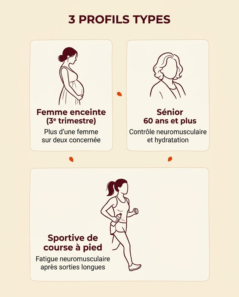 Infographie portrait en français présentant trois profils types touchés par les crampes au mollet la nuit en colonnes : femme enceinte au troisième trimestre, senior plus de 60 ans, sportive de course à pied et trail, avec un picto bordeaux par profil et une recommandation française courte sur fond crème