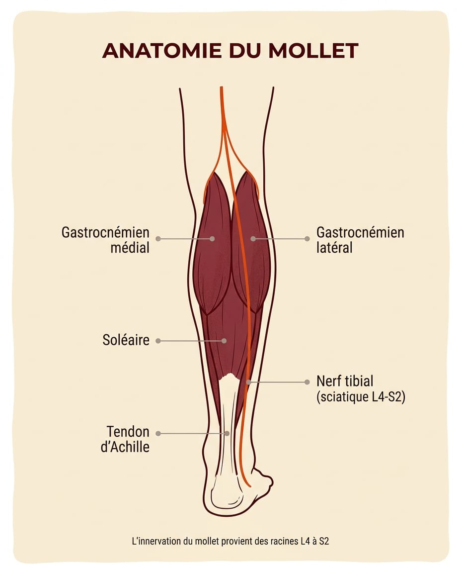 Infographie portrait en français présentant l'anatomie du mollet : muscle gastrocnémien interne, gastrocnémien externe, soléaire, tendon d'Achille et innervation par le nerf tibial issu de la chaîne sciatique L4-S2, avec étiquettes ink en français sur fond crème