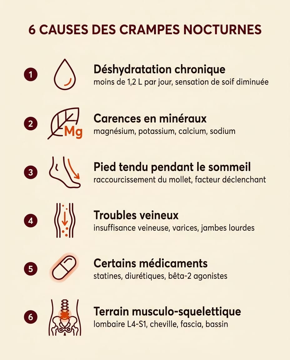 Infographie portrait en français présentant les six causes principales des crampes au mollet la nuit : 1 déshydratation chronique, 2 carences en magnésium potassium calcium, 3 position du pied tendu pendant le sommeil, 4 troubles circulatoires veineux, 5 médicaments statines et diurétiques, 6 terrain musculo-squelettique lombo-pelvien, avec une icône bordeaux par cause et une courte description française, sur fond crème