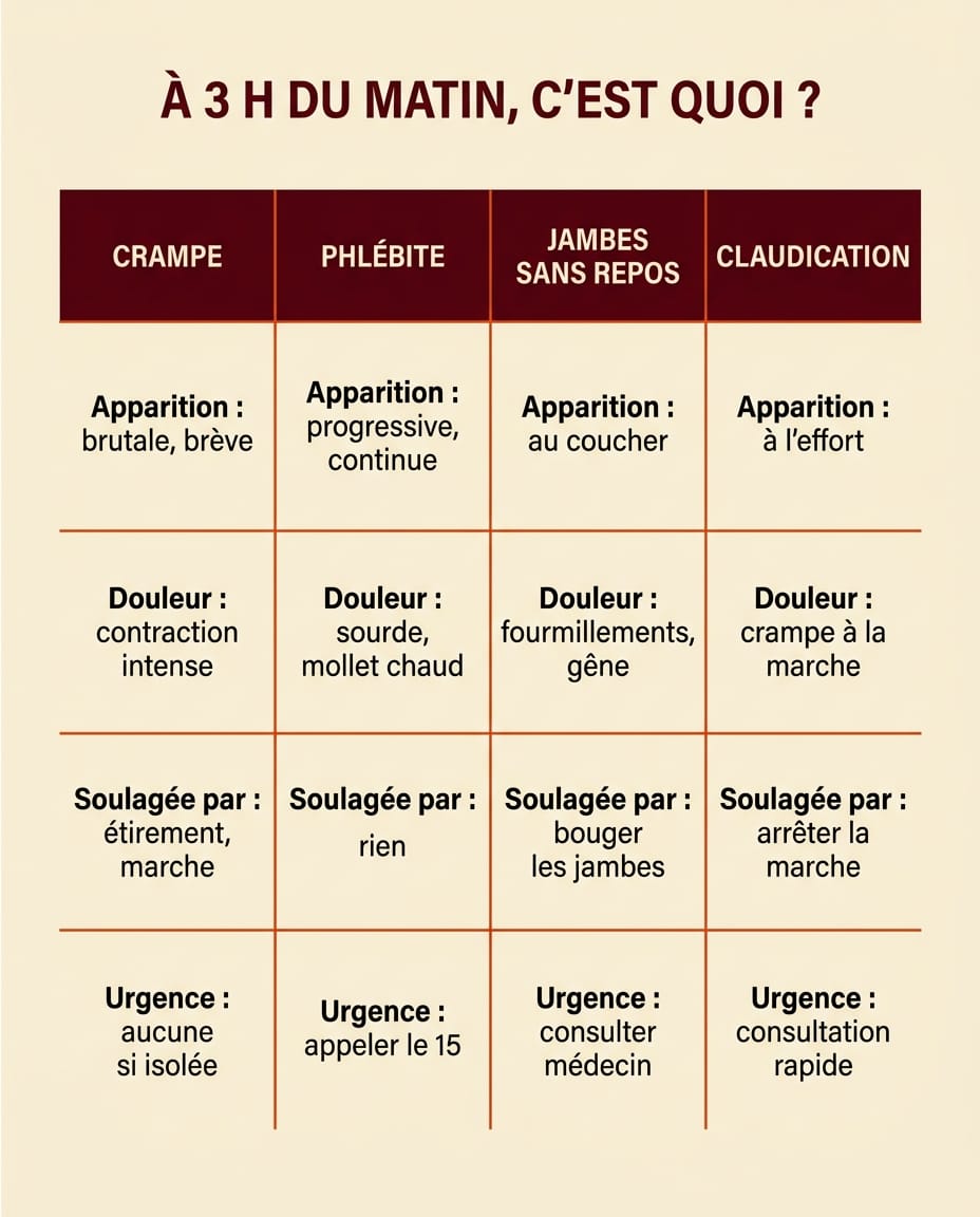 Infographie portrait en français comparant en colonnes quatre situations nocturnes du mollet : crampe simple, phlébite ou TVP, syndrome des jambes sans repos, claudication artérielle, avec pour chacune le mode d'apparition, le caractère de la douleur, ce qui la soulage et le degré d'urgence, sur fond crème avec en-têtes bordeaux et corps ink