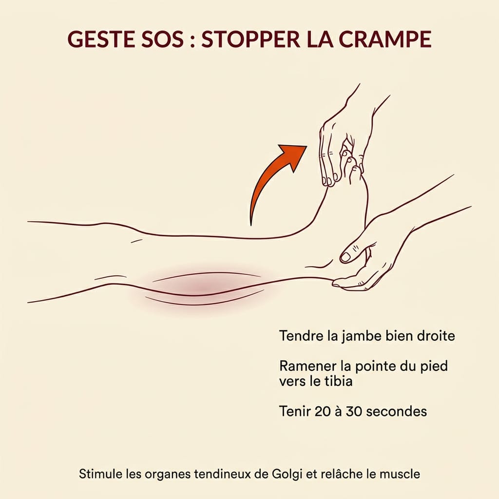 Infographie carrée en français illustrant le geste SOS pour stopper une crampe au mollet : personne allongée sur le dos qui ramène la pointe du pied vers le tibia en dorsiflexion, légende française expliquant tenir 20 à 30 secondes pour stimuler les organes tendineux de Golgi, sur fond crème avec accents bordeaux et orange