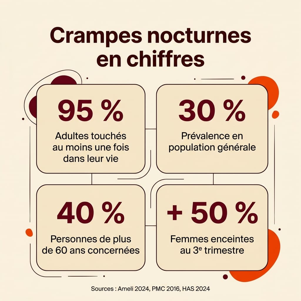 Infographie carrée en français présentant quatre chiffres-clés sur les crampes au mollet la nuit : 95 pour cent des adultes touchés au moins une fois dans leur vie, 30 pour cent de prévalence en population générale, 40 pour cent après 60 ans et 50 pour cent des femmes enceintes au troisième trimestre, disposition en grille 2x2 sur fond crème avec grands chiffres bordeaux et libellés ink en français