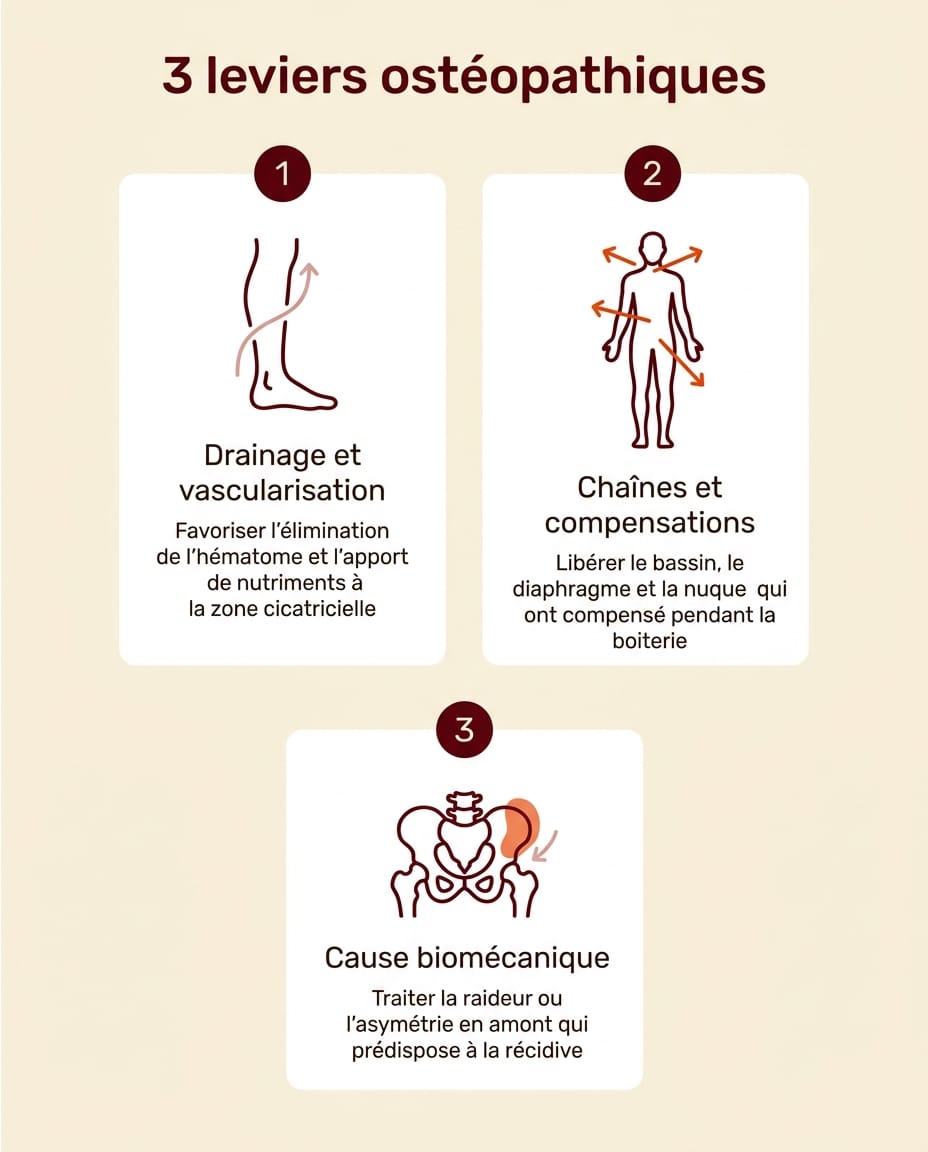 Infographie portrait en français présentant les 3 leviers de l'ostéopathie sur la déchirure musculaire : 1 drainage et vascularisation locale, 2 chaînes musculaires et compensations, 3 cause biomécanique sus-jacente, avec un petit pictogramme bordeaux par carte et une description française courte, sur fond crème