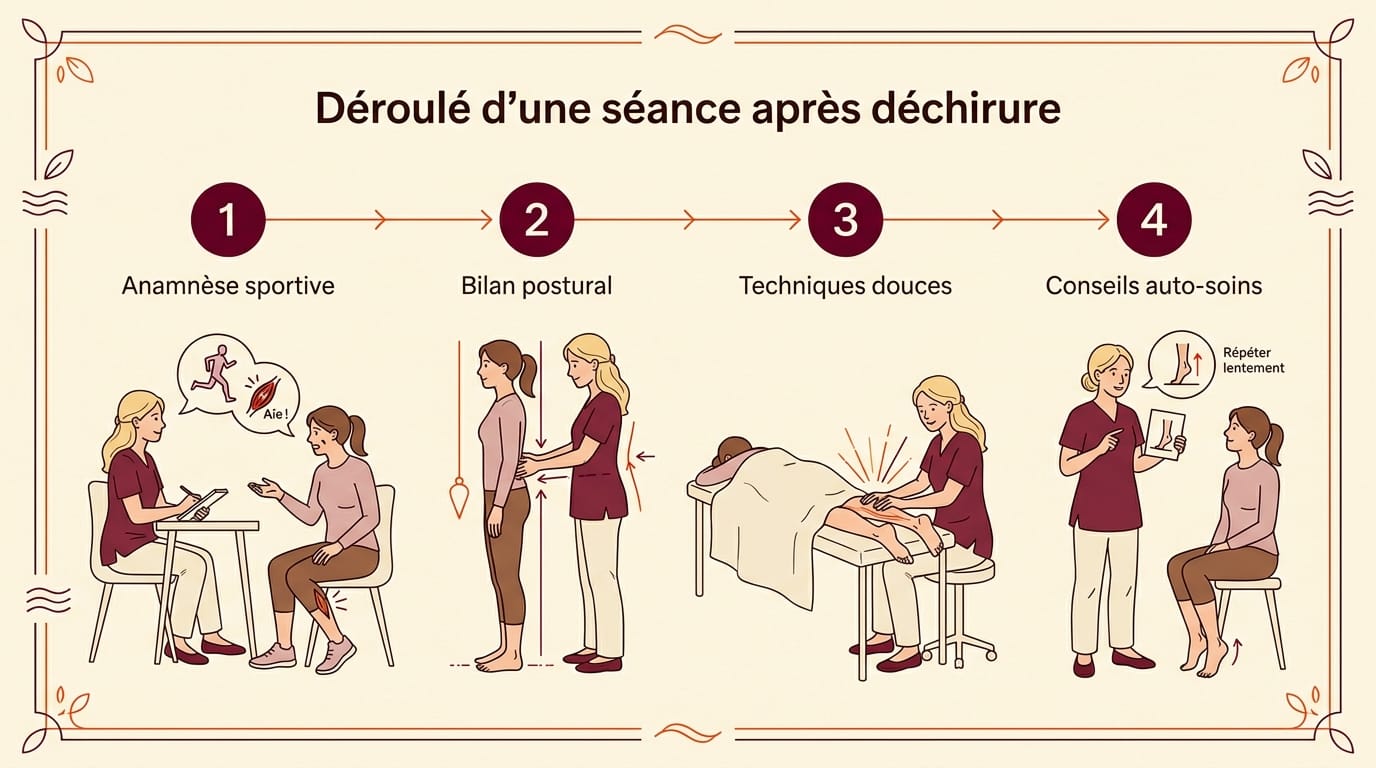 Infographie horizontale en français présentant les 4 étapes d'une séance d'ostéopathie pour récupération de déchirure musculaire : 1 anamnèse sportive avec praticienne et patiente assises en consultation, 2 bilan postural avec praticienne évaluant la patiente debout, 3 techniques douces avec patiente allongée en récupération sur table drapée, 4 conseils auto-soins avec carte d'exercice, sur fond crème avec contours bordeaux et accents orange