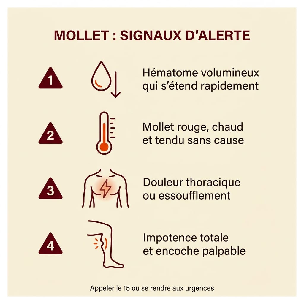 Infographie carrée en français listant 4 signaux d'alerte qui imposent une consultation médicale urgente sur une douleur musculaire brutale : 1 hématome volumineux qui s'étend rapidement, 2 mollet rouge, chaud et tendu sans cause traumatique évidente, 3 douleur thoracique ou essoufflement après douleur de mollet, 4 impotence fonctionnelle totale avec encoche palpable, avec triangles de signalement bordeaux numérotés, sur fond crème