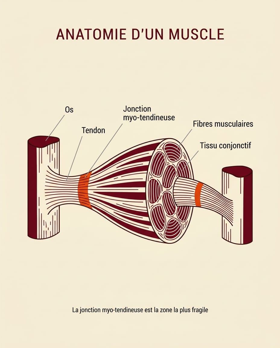 Infographie portrait en français présentant l'anatomie d'un muscle et de la jonction myo-tendineuse : ventre musculaire, fibres musculaires, tissu conjonctif, jonction myo-tendineuse, tendon, avec étiquettes ink en français sur fond crème