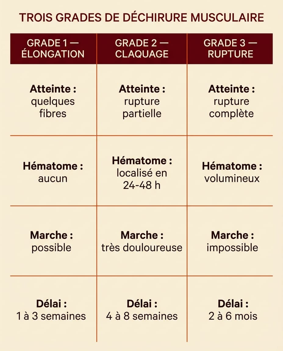 Infographie portrait en français comparant les trois grades de déchirure musculaire en colonnes : grade 1 élongation, grade 2 claquage, grade 3 rupture complète, avec mécanisme, signe clinique principal et délai de récupération moyen, sur fond crème avec en-têtes bordeaux et corps ink