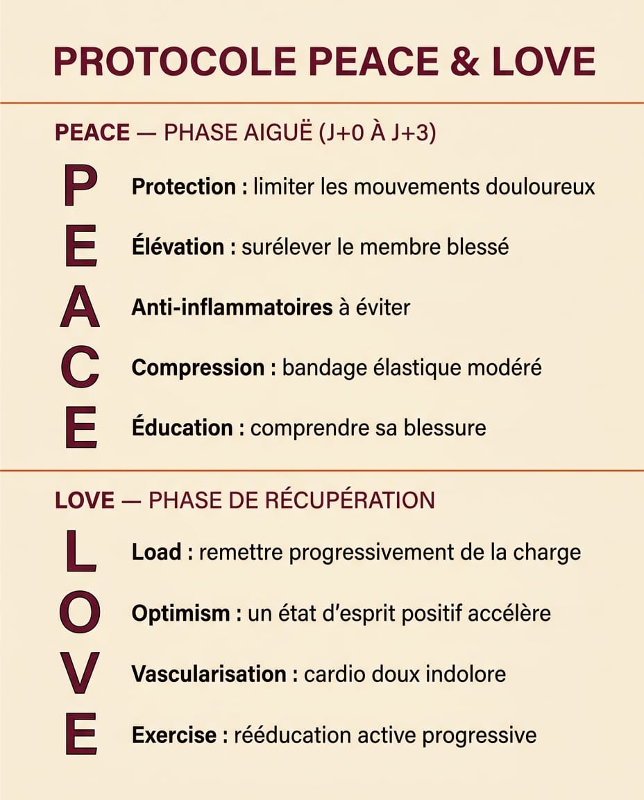 Infographie portrait en français présentant le protocole PEACE & LOVE avec ses huit lettres en deux blocs : PEACE pour la phase aiguë (Protection, Élévation, Anti-inflammatoires à éviter, Compression, Éducation) et LOVE pour la phase de récupération (Load, Optimism, Vascularisation, Exercise), avec une courte explication française sous chaque lettre, sur fond crème avec lettres bordeaux et libellés ink