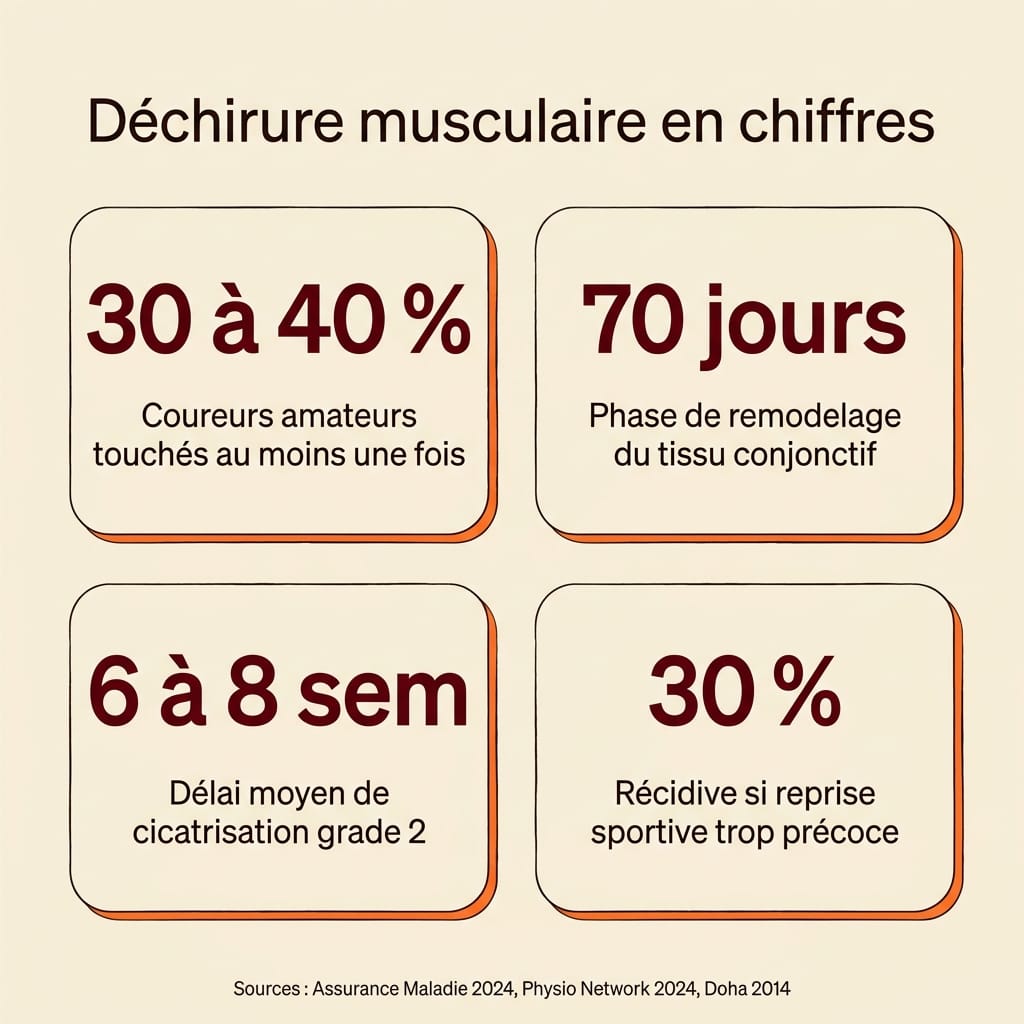 Infographie carrée en français présentant quatre chiffres-clés sur la déchirure musculaire : 30 à 40 pour cent des coureurs amateurs touchés au moins une fois, 70 jours de phase de remodelage du tissu conjonctif, 6 à 8 semaines de délai moyen pour un grade 2 et 30 pour cent de risque de récidive si reprise trop précoce, disposition en grille 2x2 sur fond crème avec grands chiffres bordeaux et libellés ink en français