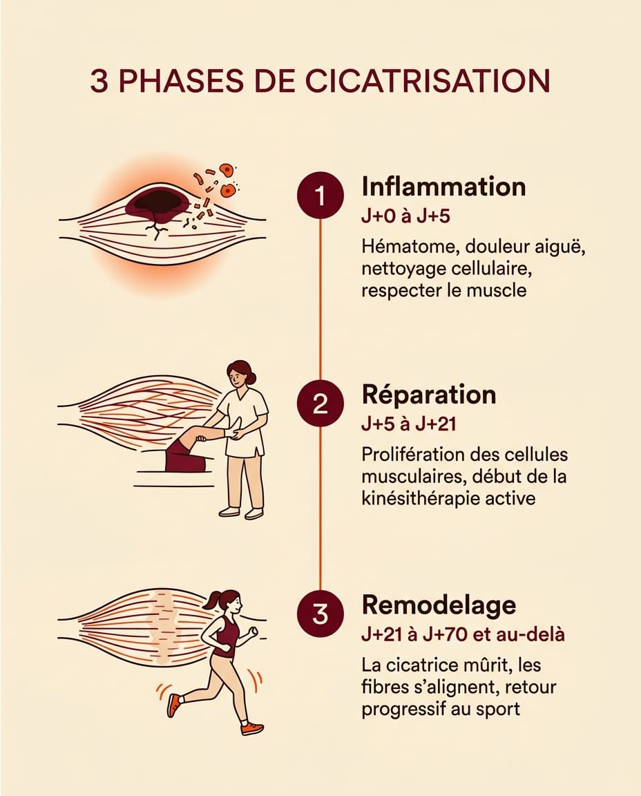 Infographie portrait en français présentant la timeline de cicatrisation d'une déchirure musculaire en 3 phases : phase 1 inflammation de J+0 à J+5, phase 2 réparation de J+5 à J+21, phase 3 remodelage de J+21 à J+70 et au-delà, avec une description française sous chaque phase, ligne orange verticale et points bordeaux numérotés, sur fond crème