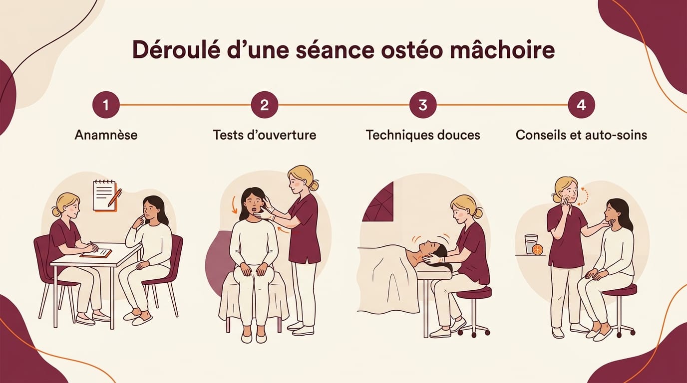 Infographie 16:9 en français montrant le déroulé d'une séance d'ostéopathie pour la mâchoire en 4 étapes numérotées : 1. Anamnèse, 2. Tests d'ouverture, 3. Techniques douces (crânien, intra-buccal), 4. Conseils et auto-soins, illustrations éditoriales d'une praticienne blonde avec une patiente sur fond crème