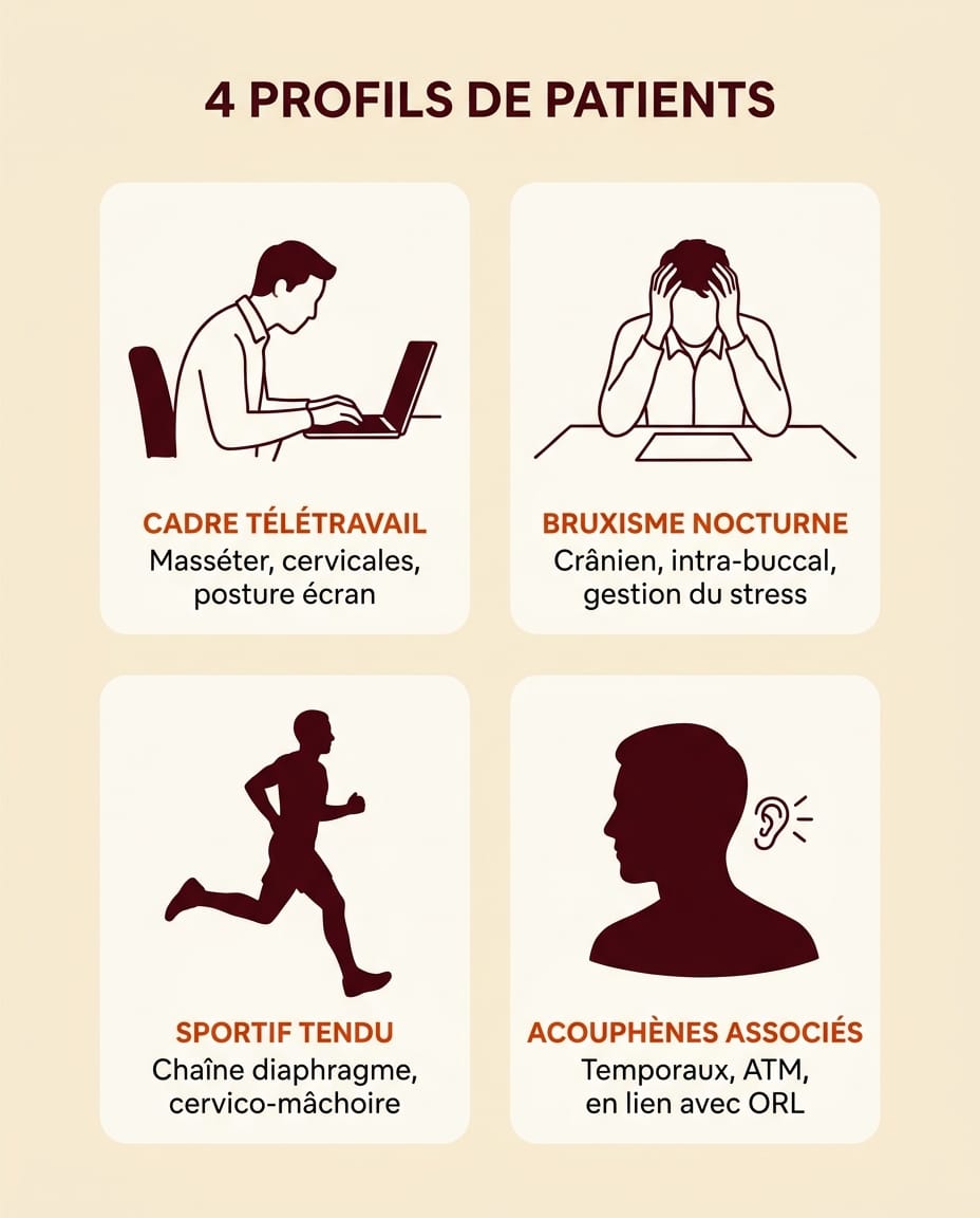 Infographie portrait en français présentant 4 profils de patients vus au cabinet pour des douleurs de mâchoire : 1. Cadre télétravail (masséter, cervicales, posture écran), 2. Bruxisme nocturne (crânien, intra-buccal, gestion du stress), 3. Sportif tendu (chaîne diaphragme, cervico-mâchoire), 4. Acouphènes associés (temporaux, ATM, en lien avec ORL), grille 2x2 sur fond crème avec silhouettes bordeaux