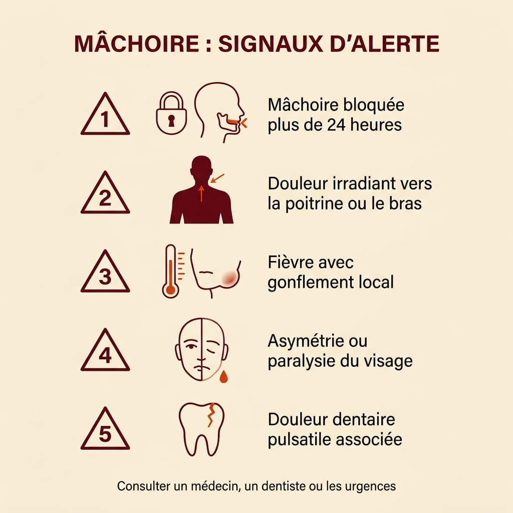 Infographie carrée en français listant 5 signaux d'alerte pour la mâchoire à reconnaître : 1. Mâchoire bloquée plus de 24 heures, 2. Douleur irradiant vers la poitrine ou le bras, 3. Fièvre avec gonflement local, 4. Asymétrie ou paralysie du visage, 5. Douleur dentaire pulsatile associée, liste numérotée sur fond crème avec triangles d'alerte bordeaux et icônes line-art