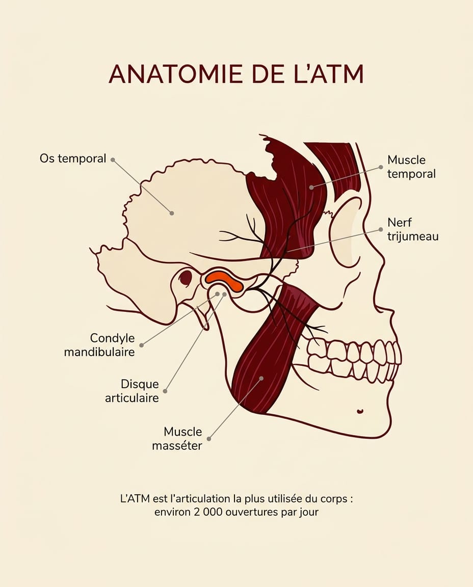 Infographie portrait en français montrant l'anatomie de l'articulation temporo-mandibulaire en coupe latérale : os temporal au-dessus, condyle mandibulaire et mandibule en bas, disque articulaire orange entre les deux, avec étiquettes ink en français pour le muscle masséter, le muscle temporal et le nerf trijumeau, schéma anatomique simple et lisible