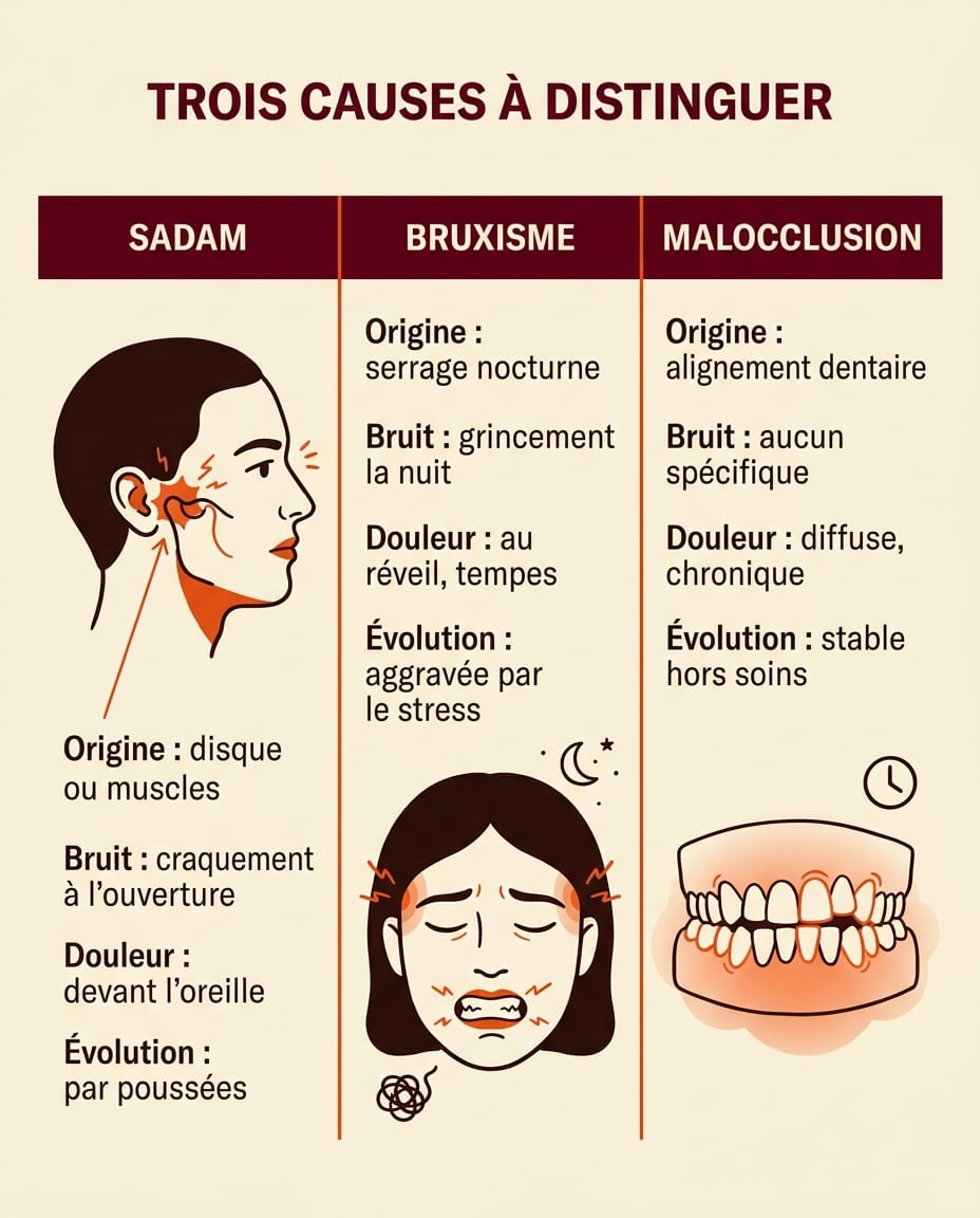 Infographie portrait en français comparant trois causes principales de douleur à la mâchoire : SADAM, bruxisme et malocclusion, sur trois colonnes avec en-têtes bordeaux et lignes de comparaison ink en français (origine, bruit, douleur, évolution)