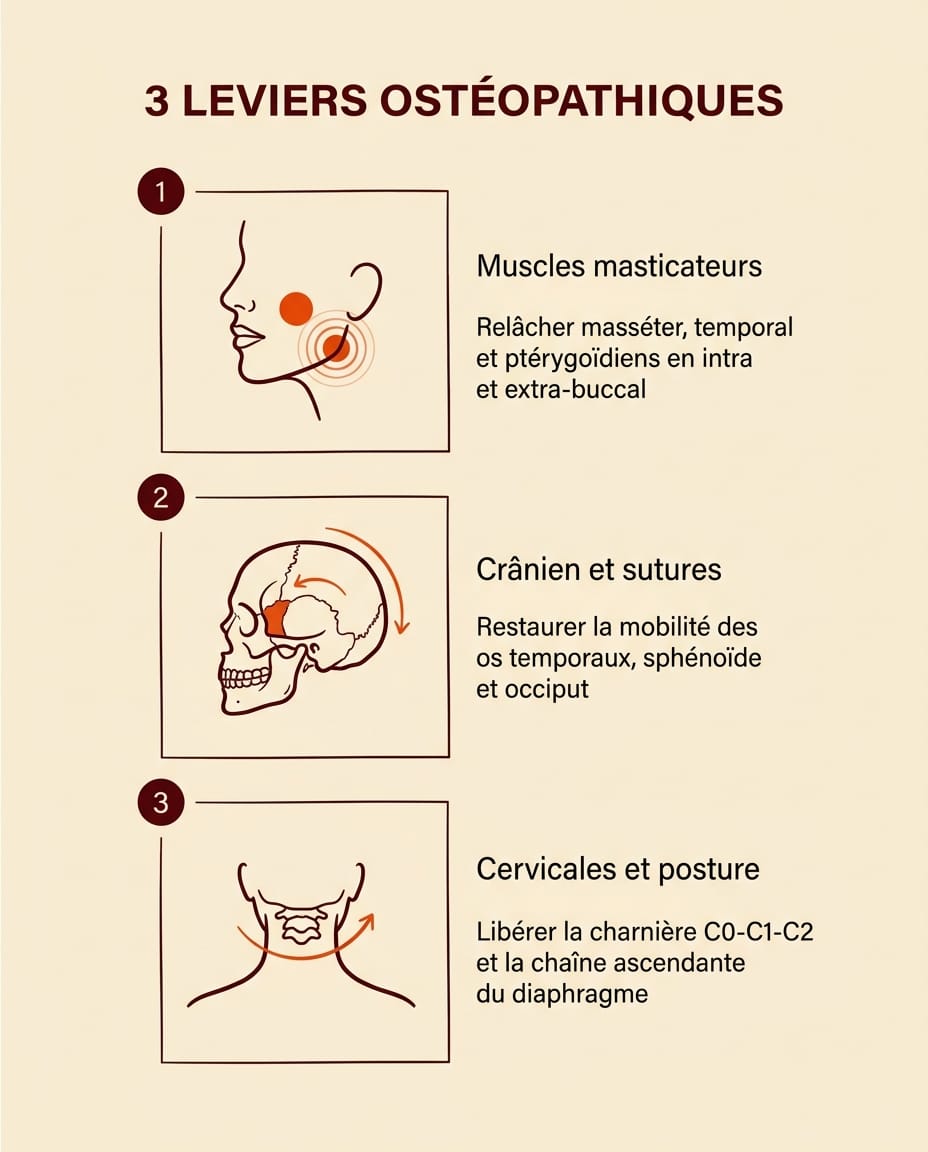 Infographie portrait en français présentant les trois leviers ostéopathiques sur la douleur à la mâchoire : 1. Muscles masticateurs (masséter, temporal, ptérygoïdiens en intra et extra-buccal), 2. Crânien et sutures (os temporaux, sphénoïde, occiput), 3. Cervicales et posture (charnière C0-C1-C2 et chaîne du diaphragme), trois cartes verticales sur fond crème avec icônes line-art bordeaux et descriptions ink en français