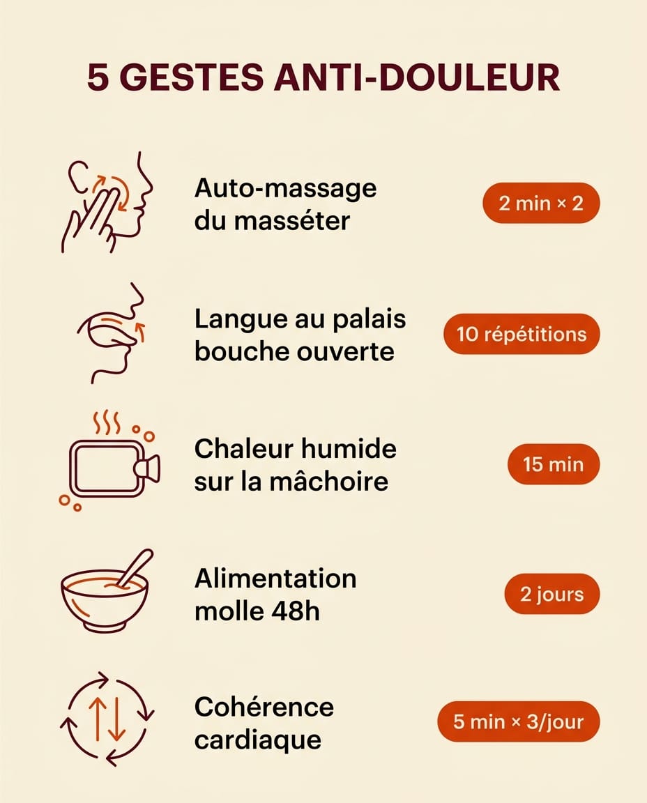 Infographie portrait en français présentant 5 gestes anti-douleur pour la mâchoire à faire chez soi : 1. Auto-massage du masséter 2 min × 2, 2. Langue au palais bouche ouverte 10 répétitions, 3. Chaleur humide sur la mâchoire 15 min, 4. Alimentation molle 48h, 5. Cohérence cardiaque 5 min × 3/jour, liste numérotée sur fond crème avec icônes line-art bordeaux et badges orange