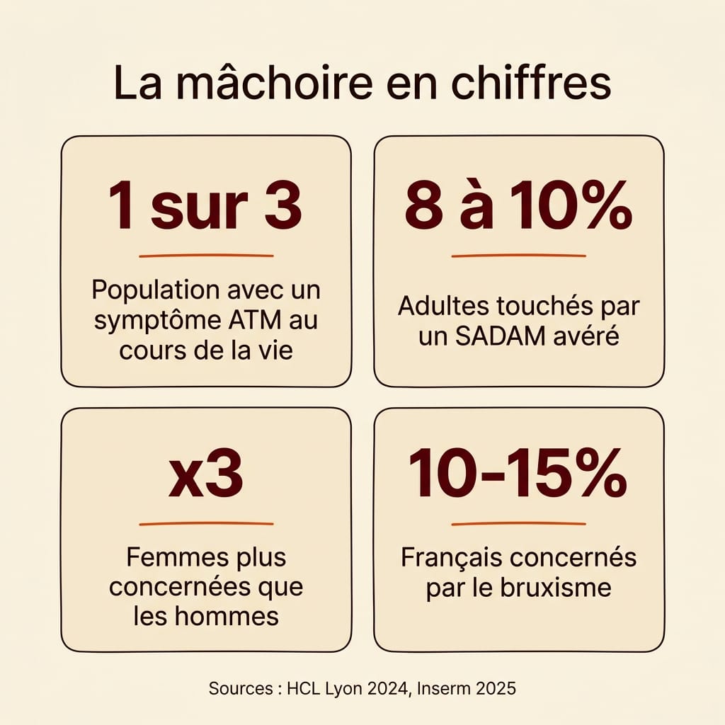 Infographie carrée en français présentant quatre chiffres-clés sur la douleur à la mâchoire : 1 personne sur 3 avec un symptôme ATM au cours de sa vie, 8 à 10 % des adultes touchés par un SADAM avéré, 3 fois plus de femmes que d'hommes concernées, 10 à 15 % des Français concernés par le bruxisme, disposition en grille 2x2 sur fond crème avec grands chiffres bordeaux et libellés ink en français