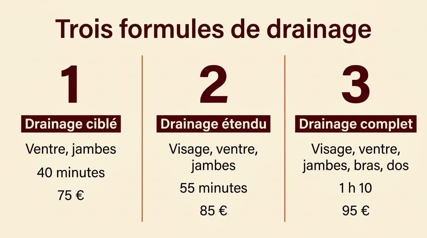 Infographie illustrant les quatre étapes d'une séance de drainage lymphatique de 60 minutes au cabinet (anamnèse 10 min, bilan postural 5 min, drainage manuel 40 min, conseils et hydratation 5 min) disposées sur une frise horizontale numérotée