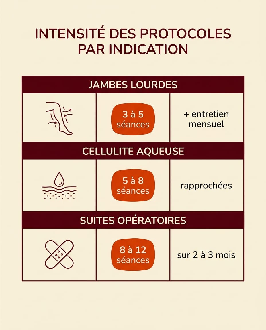 Infographie tableau des protocoles de drainage lymphatique par indication (jambes lourdes 3 à 5 séances, cellulite aqueuse 5 à 8 séances rapprochées, suites opératoires 8 à 12 séances sur deux à trois mois) avec badges orange du nombre de séances par ligne