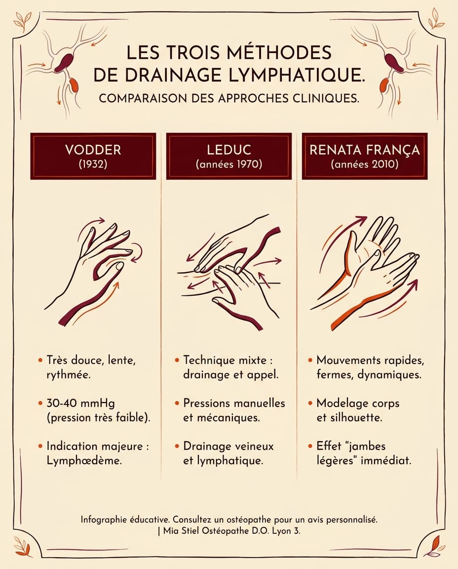 Infographie comparant les trois méthodes de drainage lymphatique (Vodder 1932, Leduc années 1970, Renata França années 2010) disposées en trois colonnes avec leurs caractéristiques de pression, indication et profil patient