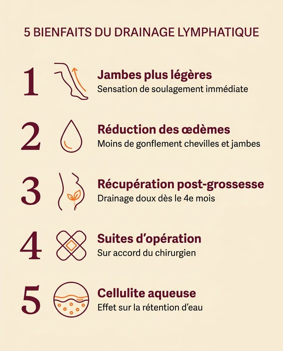 Infographie présentant cinq bienfaits du drainage lymphatique manuel : jambes plus légères, réduction des œdèmes, récupération post-grossesse, suites d'opération et amélioration de la cellulite aqueuse, avec icônes éditoriales bordeaux et orange sur fond crème