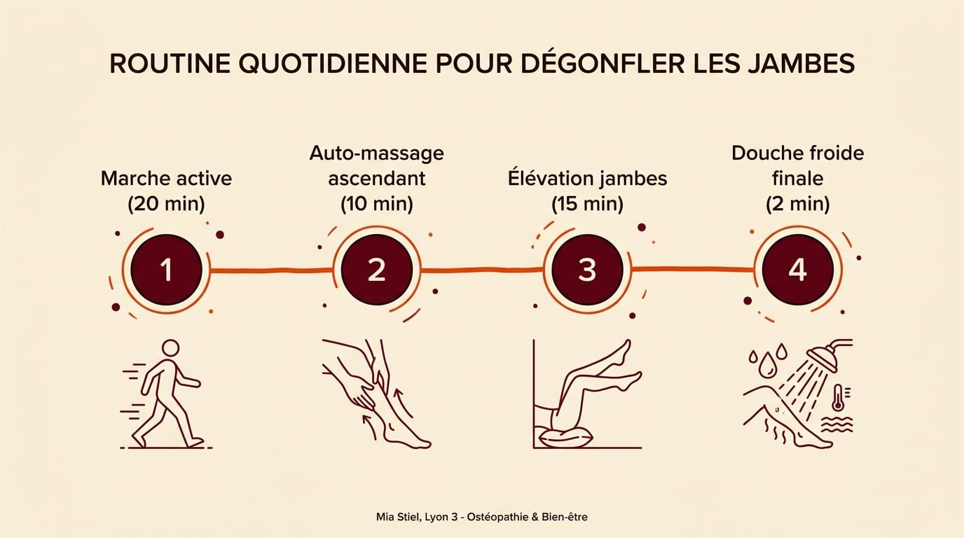 Infographie en français présentant la routine en 4 étapes pour dégonfler les jambes en 60 minutes : 1. Marche active 20 min, 2. Auto-massage ascendant 10 min, 3. Élévation jambes 15 min, 4. Douche froide finale 2 min — frise horizontale numérotée avec icônes éditoriales