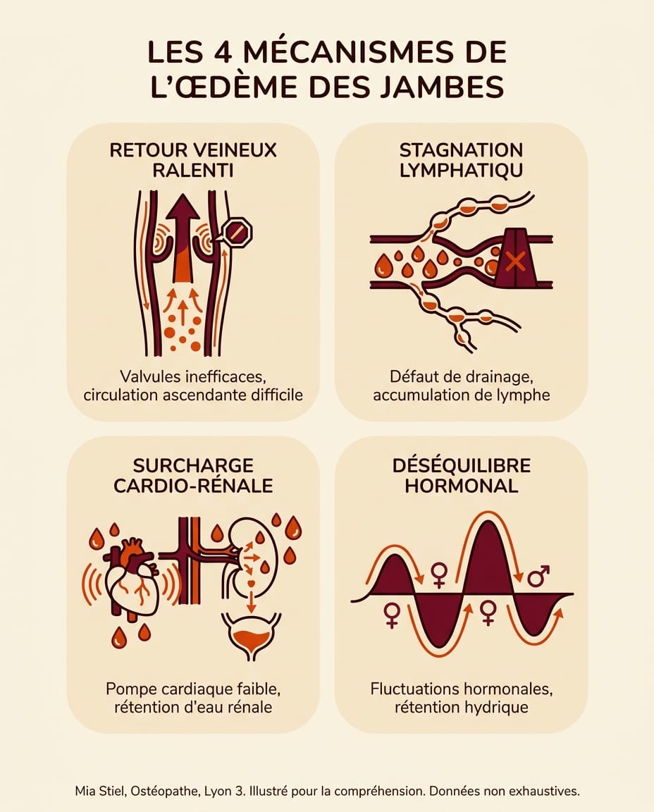 Infographie en français illustrant les 4 grands mécanismes de l'œdème des jambes : retour veineux ralenti, stagnation lymphatique, surcharge cardiaque ou rénale, déséquilibre hormonal — chaque mécanisme est représenté par un schéma simplifié avec des flèches bordeaux et des annotations courtes en français