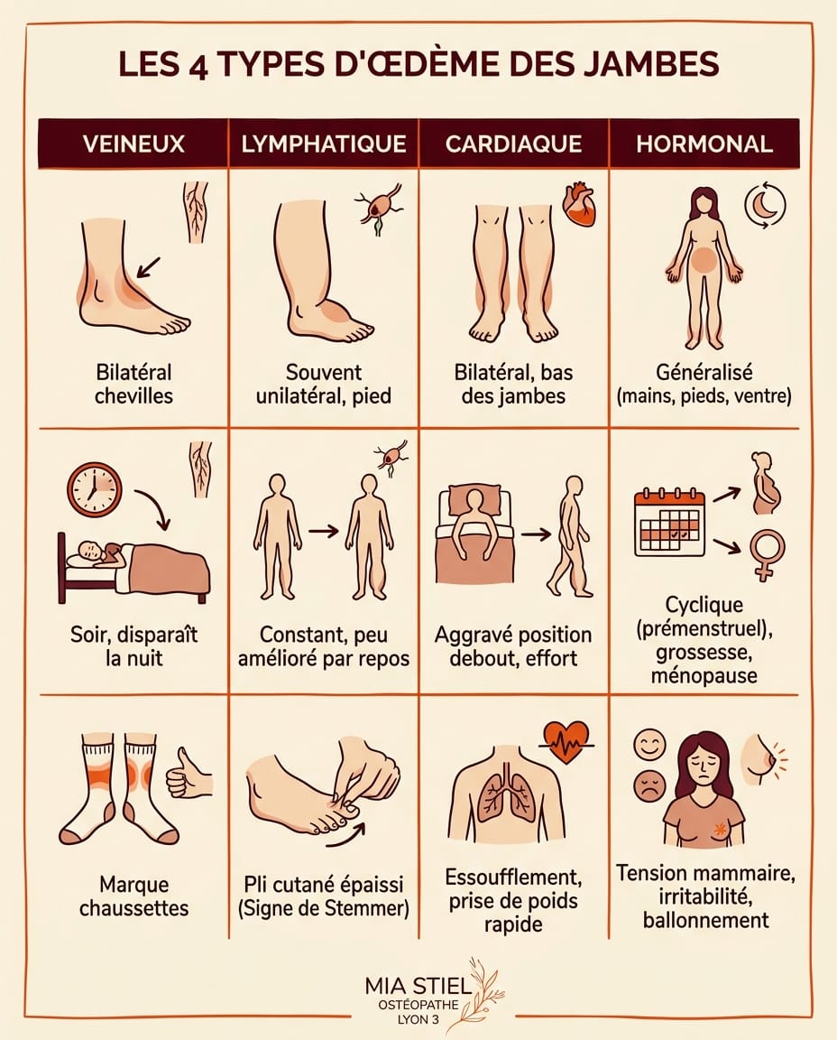 Infographie en français comparant les 4 types d'œdèmes des jambes (veineux, lymphatique, cardiaque, hormonal) sous forme de tableau visuel avec icônes éditoriales et 3 critères distinctifs par type : localisation, horaire d'apparition, signes associés