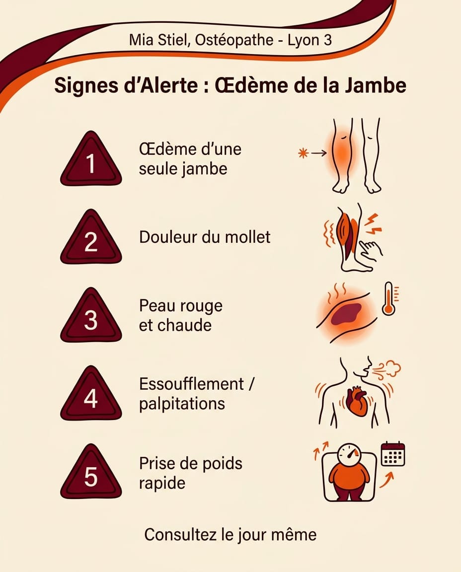 Infographie en français listant les 5 drapeaux rouges qui imposent une consultation médicale en urgence devant un œdème de la jambe : œdème unilatéral, douleur du mollet, peau rouge et chaude, essoufflement, prise de poids rapide — chaque drapeau est représenté par un triangle d'alerte bordeaux numéroté