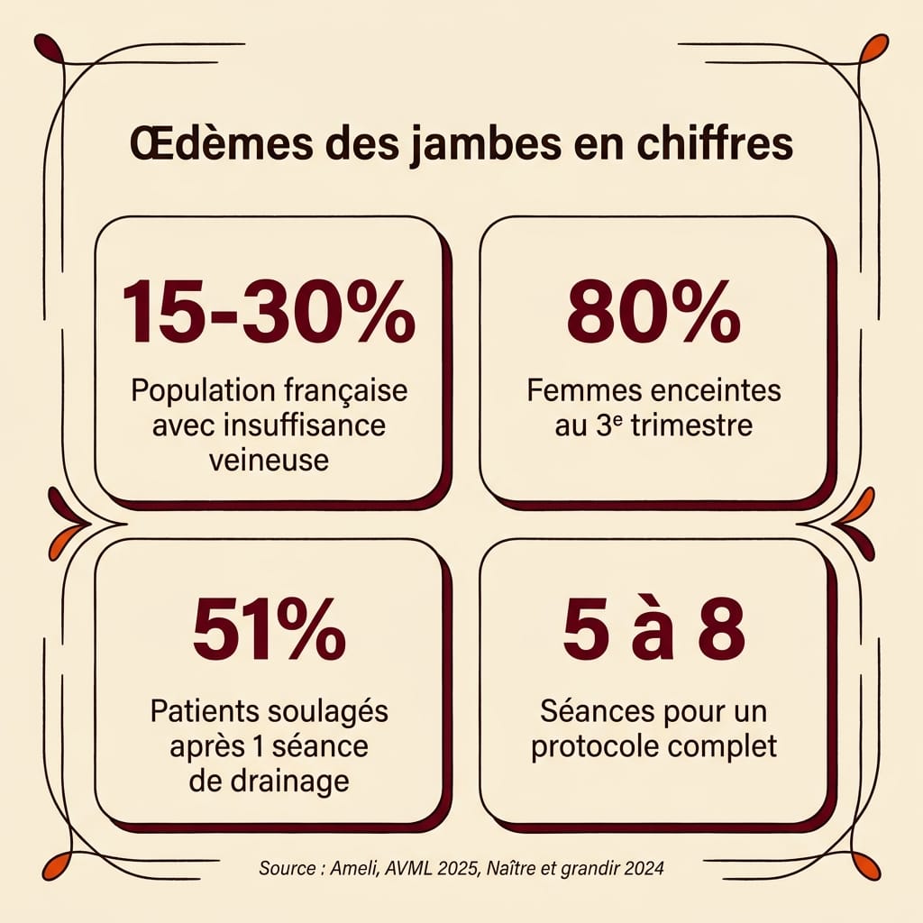 Infographie carrée en français présentant 4 chiffres-clés sur les œdèmes des jambes en France : 15 à 30 % de la population avec insuffisance veineuse, 80 % des femmes enceintes au 3ᵉ trimestre, 51 % de patients soulagés après 1 séance de drainage, 5 à 8 séances pour un protocole complet — disposition en grille 2x2 sur fond crème avec grands chiffres bordeaux
