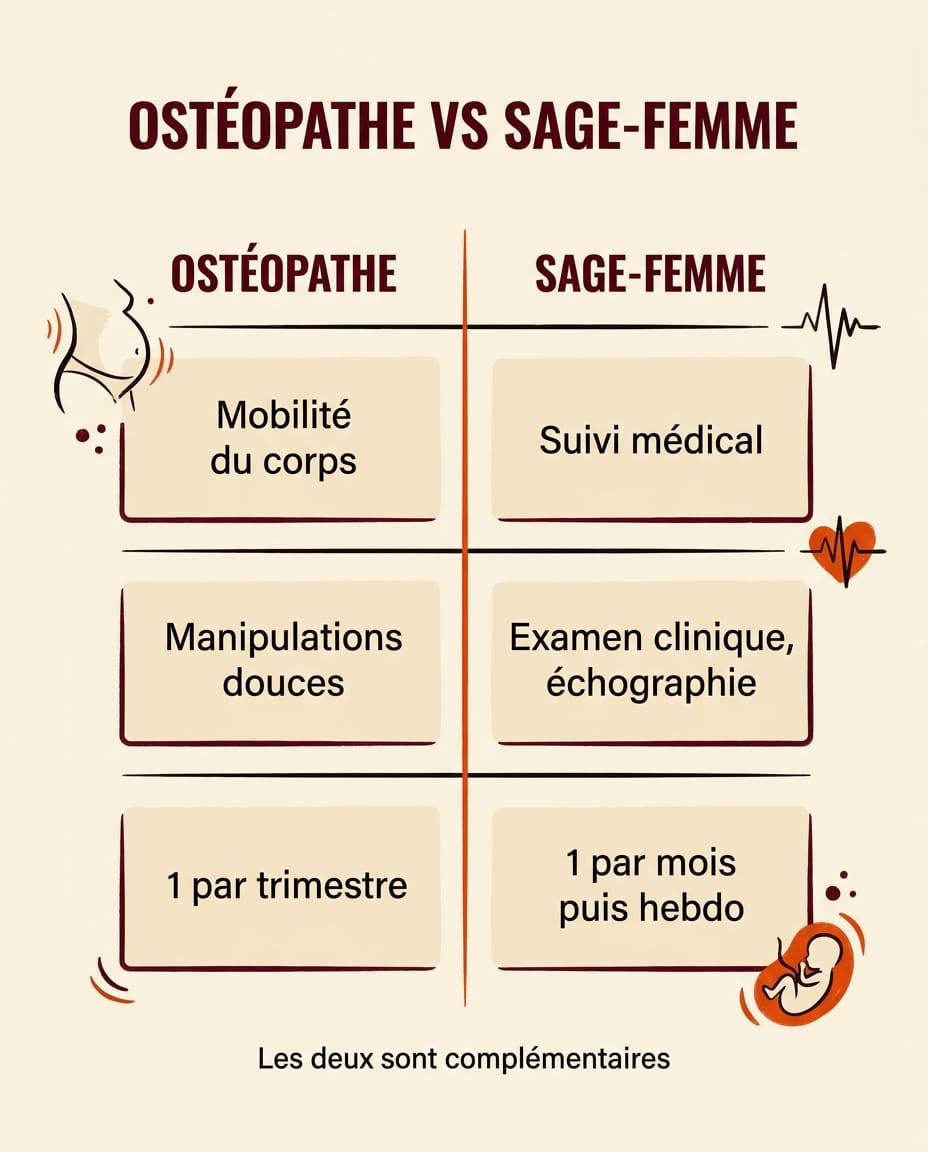 Infographie verticale en français comparant les rôles de l'ostéopathe et de la sage-femme pendant la grossesse, sous forme de tableau à 2 colonnes avec 3 lignes de comparaison : rôle, techniques, fréquence, sage-femme assure le suivi médical, ostéopathe travaille la mobilité du corps, complémentaires