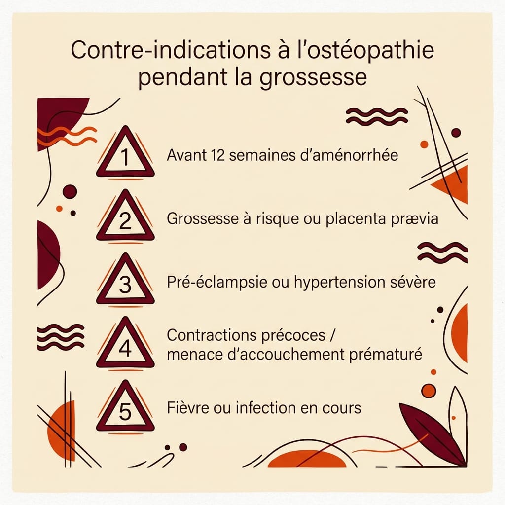 Infographie carrée en français listant les 5 contre-indications absolues à l'ostéopathie pendant la grossesse : avant 12 semaines d'aménorrhée, grossesse à risque ou placenta prævia, pré-éclampsie ou hypertension sévère, contractions précoces ou menace d'accouchement prématuré, fièvre ou infection en cours, triangles d'alerte bordeaux numérotés